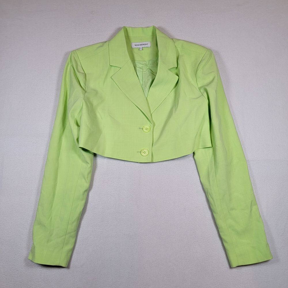 WeWoreWhat Women's Cropped Blazer Sz XS Light Green Two Button Shoulder Pads